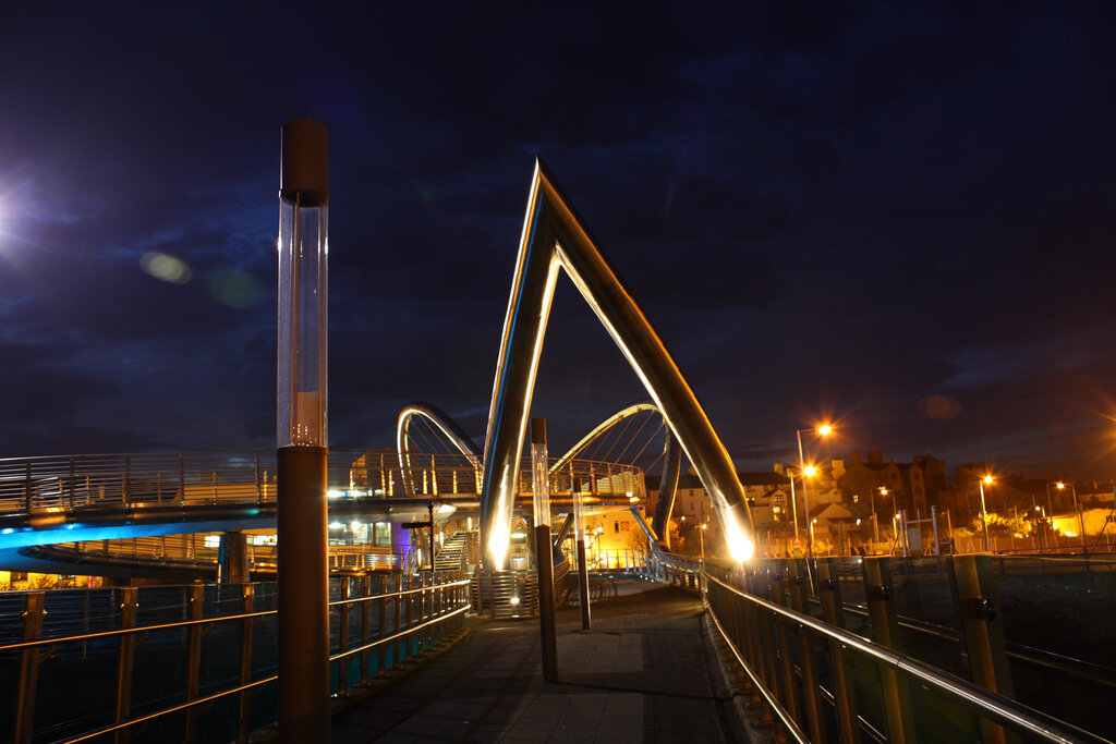 Celtic Gateway Bridge in Holyhead lit at night, wired and lit by Jones & Whitehead