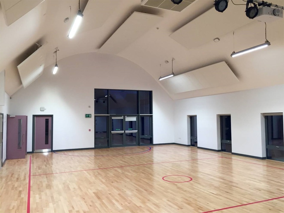 LED lighting installed in the hall at Ysgol Bro Llifon